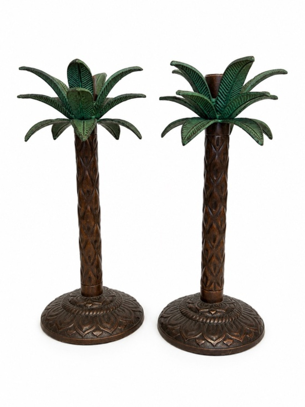 Vintage Pair Metal Palm Tree Candlestick Holders | Hollywood Regency Tiki 💕
